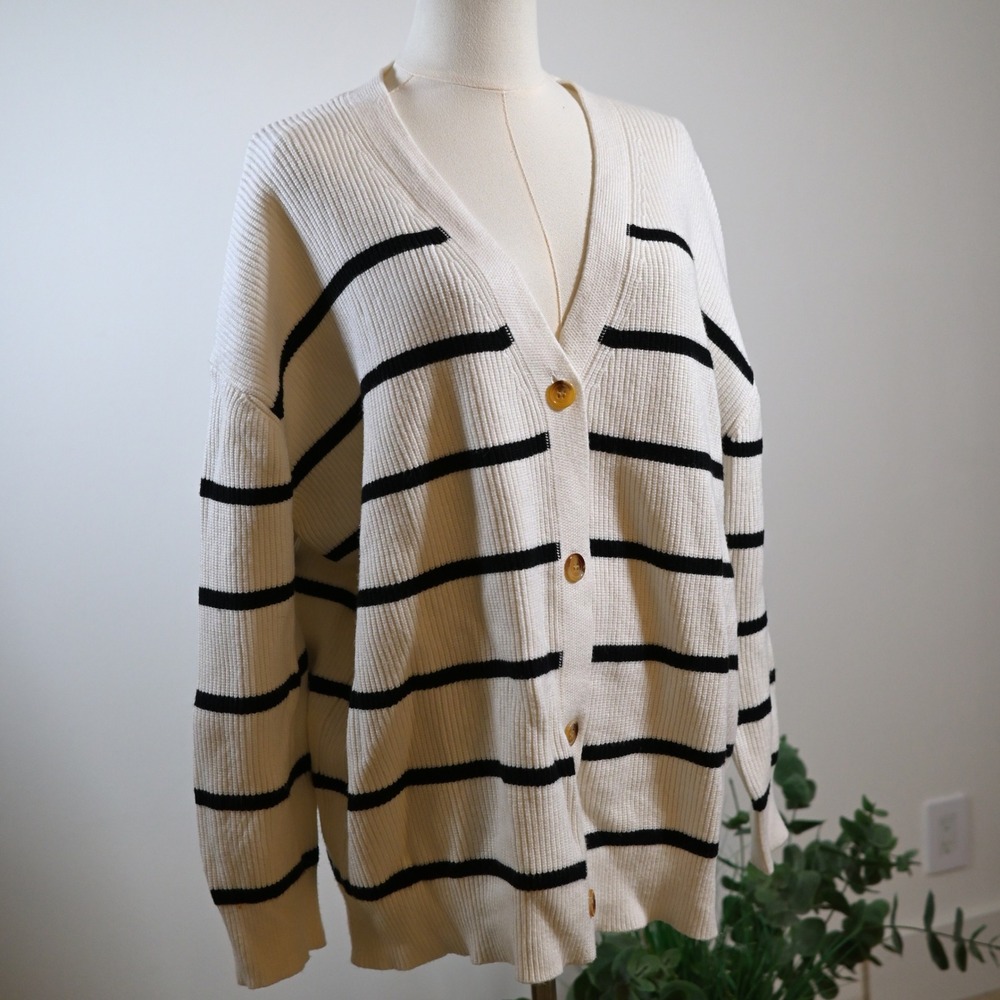 LILLUSORY Women Striped Oversized Cardigan Sweater Cream Black Ribbed Knit M